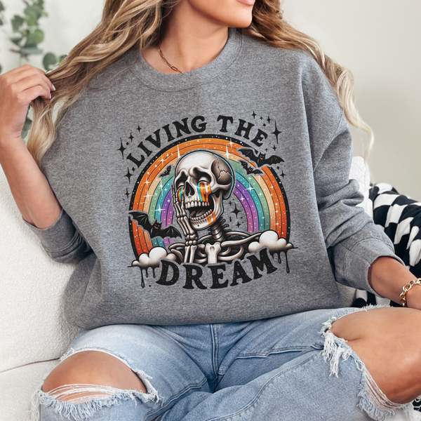 Living the Dream Sarcastic Skeleton Mental Health Halloween Unisex Heavy Blend Crewneck Sweatshirt