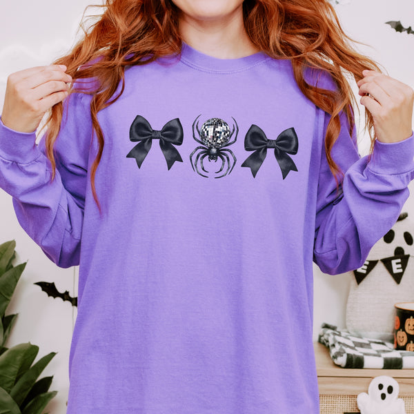 Disco Spider Bows Coquette Halloween Comfort Colors Unisex Garment-dyed Long Sleeve T-Shirt