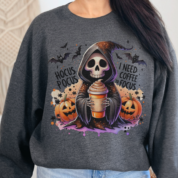 Hocus Pocus I Need Coffee to Focus Grim Reaper Halloween Unisex Heavy Blend Crewneck Sweatshirt