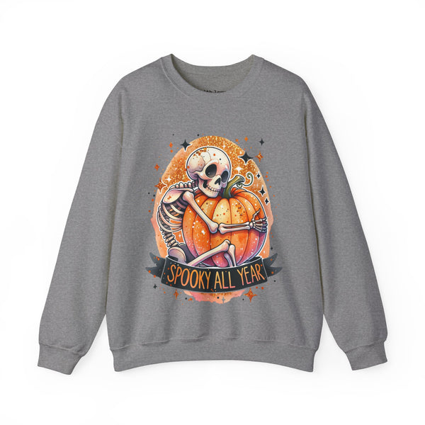 Spooky All Year Skeleton Pumpkin Fall Halloween Unisex Heavy Blend Crewneck Sweatshirt