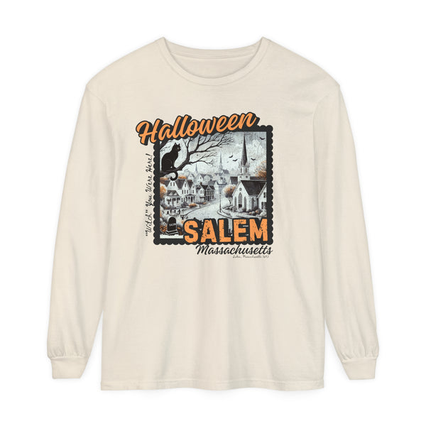 Halloween Salem Massachusetts Postcard Stamp Comfort Colors Unisex Garment-dyed Long Sleeve T-Shirt