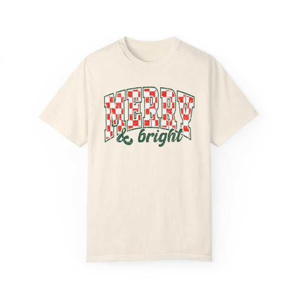 Merry and Bright Christmas Checkered Comfort Colors Unisex Garment-Dyed T-shirt