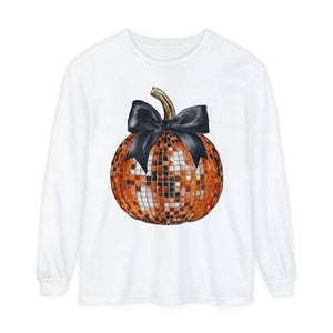 Disco Pumpkin Bow Halloween Fall Comfort Colors Unisex Garment-dyed Long Sleeve T-Shirt