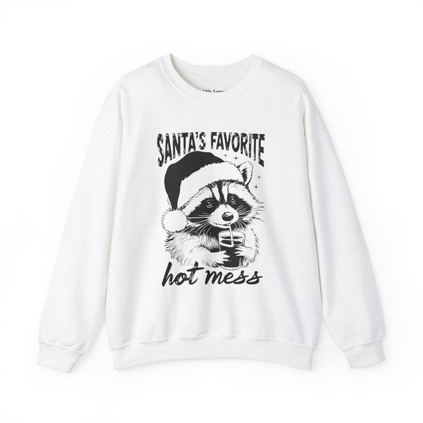 Santa’s Favorite Hot Mess Raccoon Christmas Unisex Heavy Blend Crewneck Sweatshirt