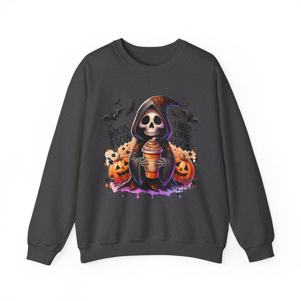 Hocus Pocus I Need Coffee to Focus Grim Reaper Halloween Unisex Heavy Blend Crewneck Sweatshirt