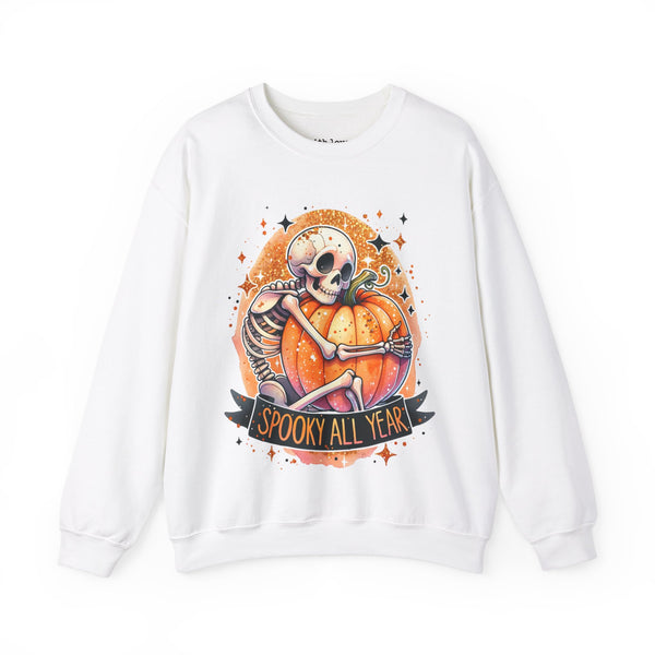 Spooky All Year Skeleton Pumpkin Fall Halloween Unisex Heavy Blend Crewneck Sweatshirt