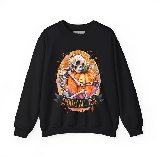 Spooky All Year Skeleton Pumpkin Fall Halloween Unisex Heavy Blend Crewneck Sweatshirt