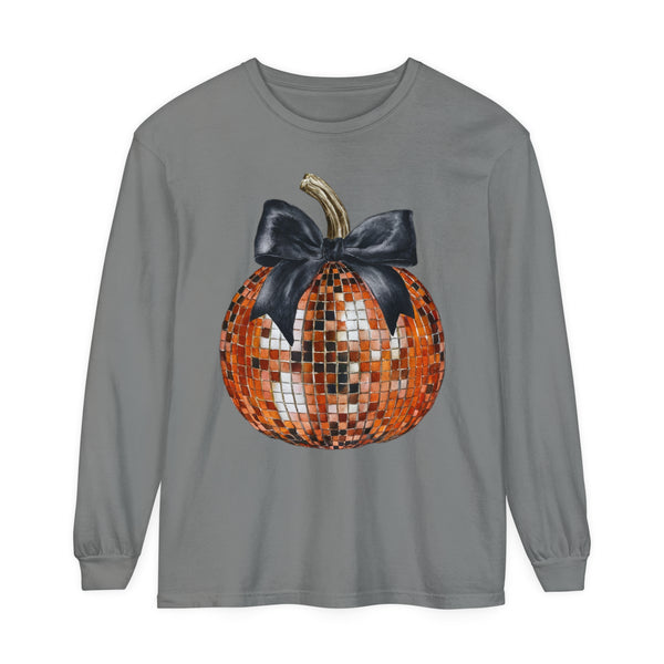 Disco Pumpkin Bow Halloween Fall Comfort Colors Unisex Garment-dyed Long Sleeve T-Shirt