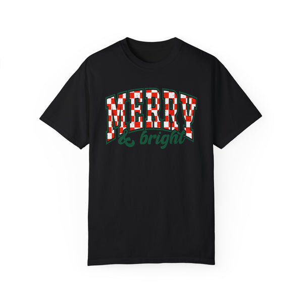 Merry and Bright Christmas Checkered Comfort Colors Unisex Garment-Dyed T-shirt