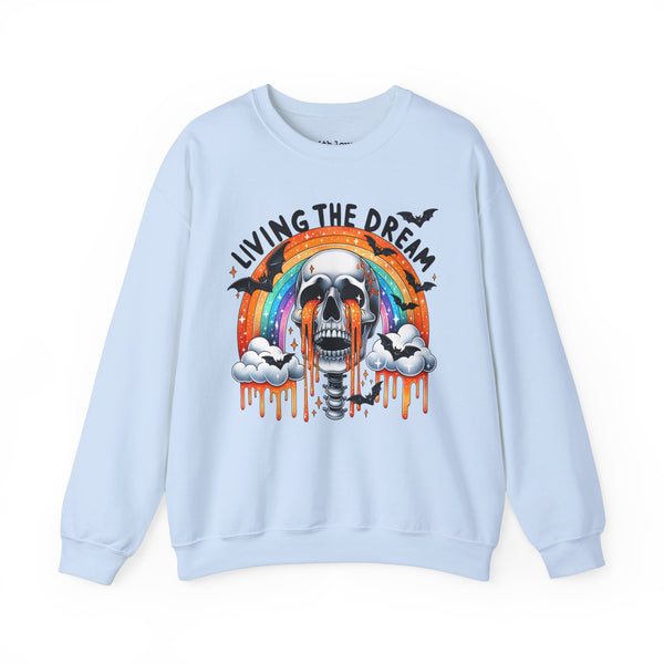 Living the Dream Crying Skeleton Mental Health Halloween Unisex Heavy Blend Crewneck Sweatshirt