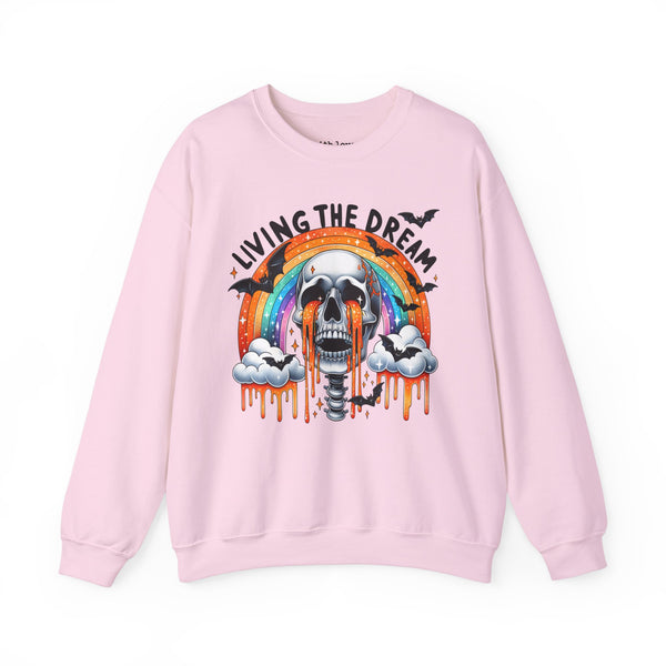 Living the Dream Crying Skeleton Mental Health Halloween Unisex Heavy Blend Crewneck Sweatshirt