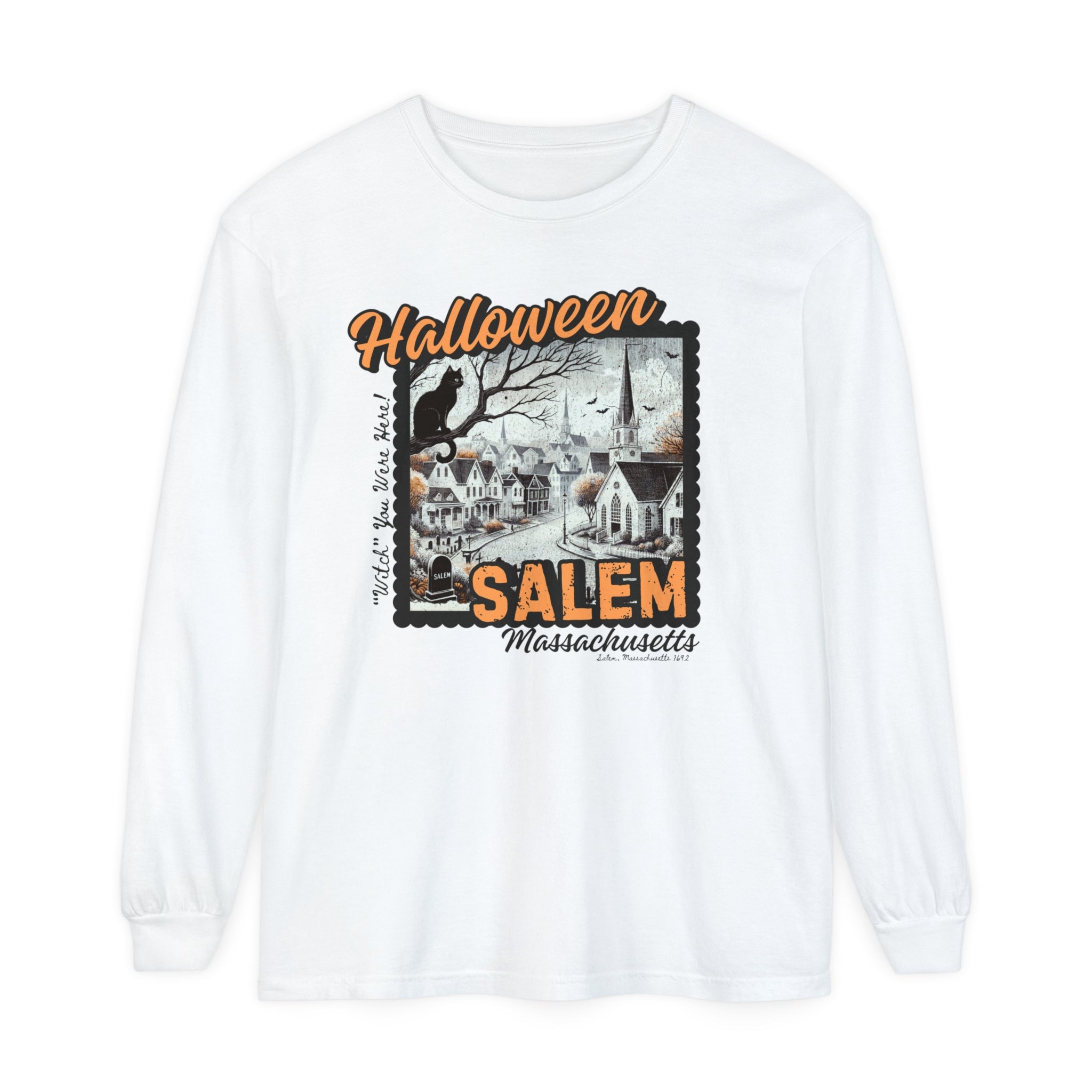 Halloween Salem Massachusetts Postcard Stamp Comfort Colors Unisex Garment-dyed Long Sleeve T-Shirt