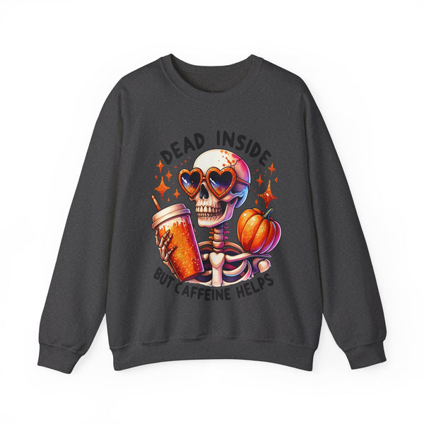 Dead Inside but Caffeine Helps Skeleton Halloween Fall Unisex Heavy Blend Crewneck Sweatshirt