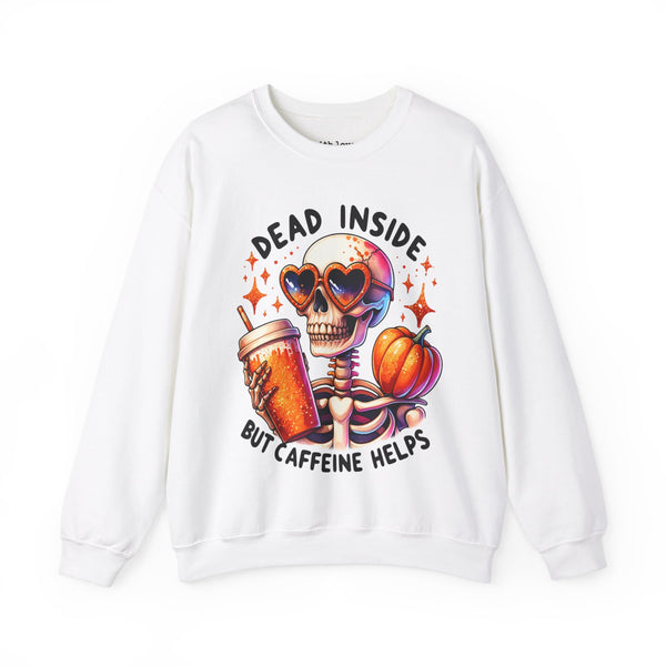 Dead Inside but Caffeine Helps Skeleton Halloween Fall Unisex Heavy Blend Crewneck Sweatshirt