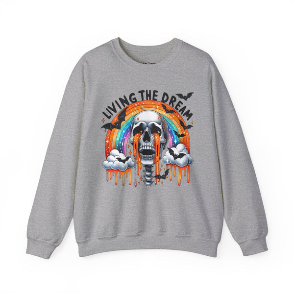 Living the Dream Crying Skeleton Mental Health Halloween Unisex Heavy Blend Crewneck Sweatshirt