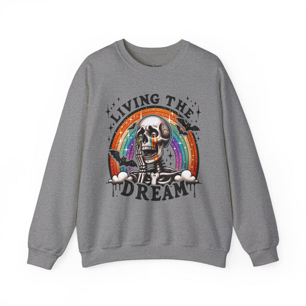 Living the Dream Sarcastic Skeleton Mental Health Halloween Unisex Heavy Blend Crewneck Sweatshirt