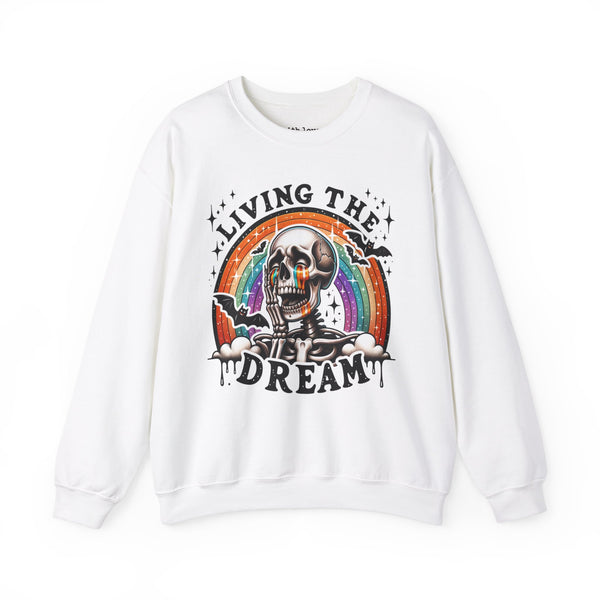 Living the Dream Sarcastic Skeleton Mental Health Halloween Unisex Heavy Blend Crewneck Sweatshirt