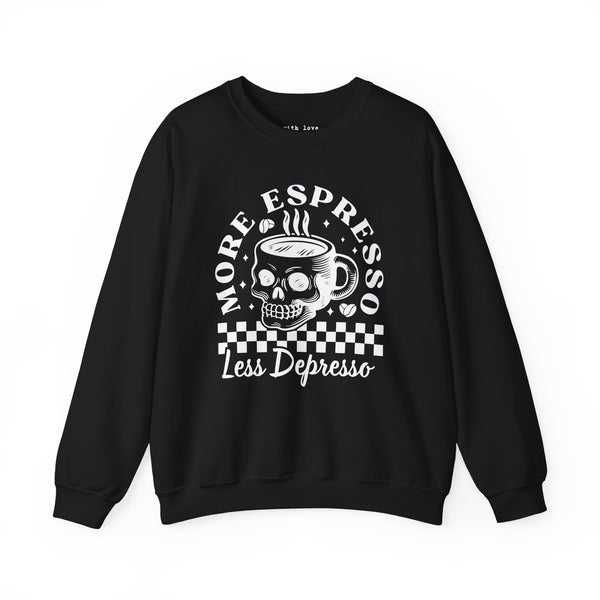 More Espresso, Less Depresso Skull Coffee Mental Health Unisex Heavy Blend Crewneck Sweatshirt