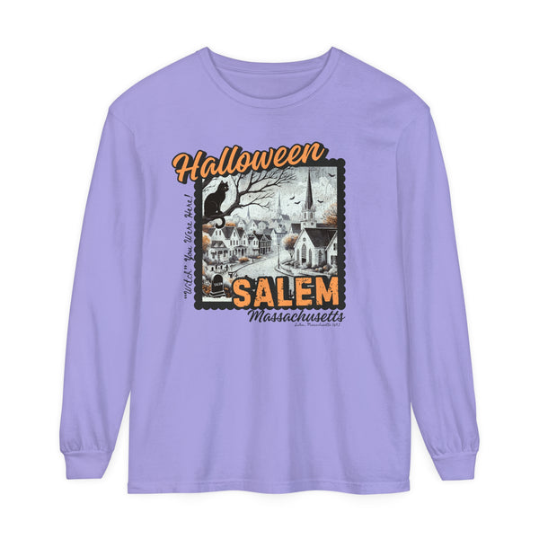 Halloween Salem Massachusetts Postcard Stamp Comfort Colors Unisex Garment-dyed Long Sleeve T-Shirt