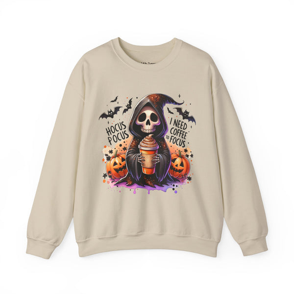 Hocus Pocus I Need Coffee to Focus Grim Reaper Halloween Unisex Heavy Blend Crewneck Sweatshirt