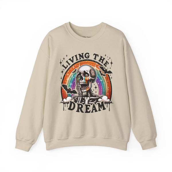 Living the Dream Sarcastic Skeleton Mental Health Halloween Unisex Heavy Blend Crewneck Sweatshirt