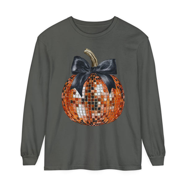 Disco Pumpkin Bow Halloween Fall Comfort Colors Unisex Garment-dyed Long Sleeve T-Shirt