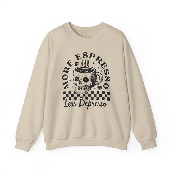 More Espresso, Less Depresso Skull Coffee Mental Health Unisex Heavy Blend Crewneck Sweatshirt