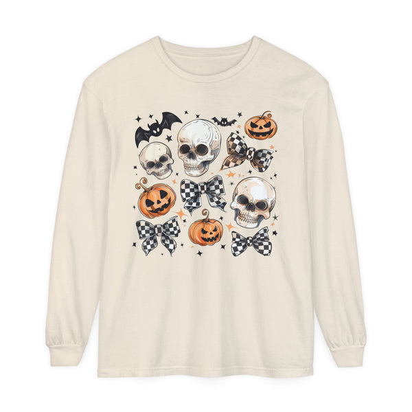 Halloween Checkered Bows Comfort Colors Unisex Garment-dyed Long Sleeve T-Shirt