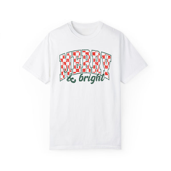 Merry and Bright Christmas Checkered Comfort Colors Unisex Garment-Dyed T-shirt