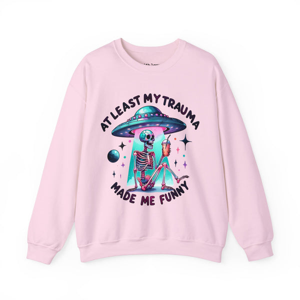 At Least My Trauma Made Me Funny UFO Skeleton Mental Health Unisex Heavy Blend Crewneck Sweatshirt