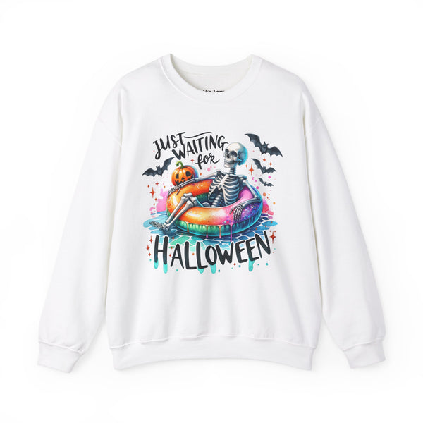 Just Waiting for Halloween Skeleton Summer Fall Unisex Heavy Blend Crewneck Sweatshirt