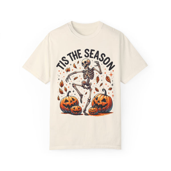 Tis the Season Skeleton Dancing Halloween Autumn Leaves Comfort Colors Unisex Garment-Dyed T-shirt