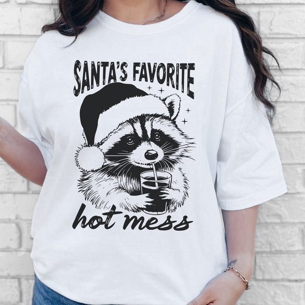 Santa’s Favorite Hot Mess Raccoon Christmas Comfort Colors Unisex Garment-Dyed T-shirt