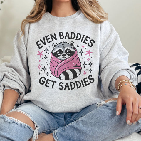 Even Baddies Get Saddies Mental Health Raccoon Unisex Heavy Blend Crewneck Sweatshirt