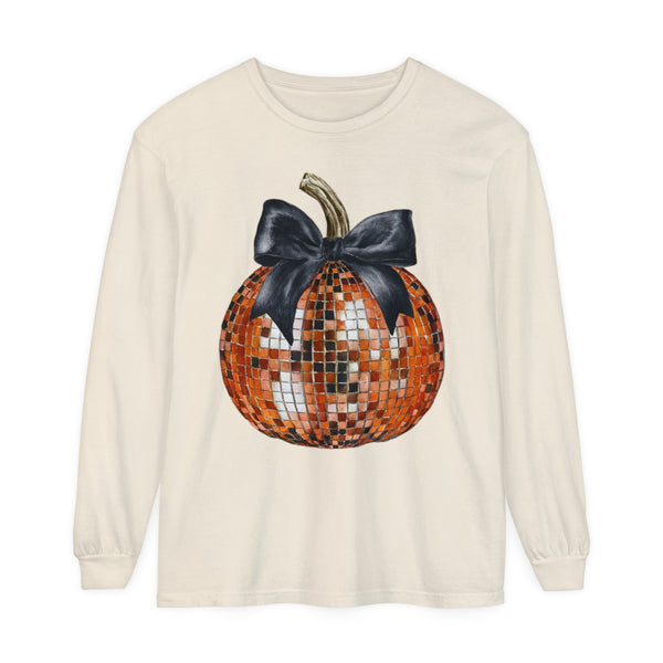 Disco Pumpkin Bow Halloween Fall Comfort Colors Unisex Garment-dyed Long Sleeve T-Shirt