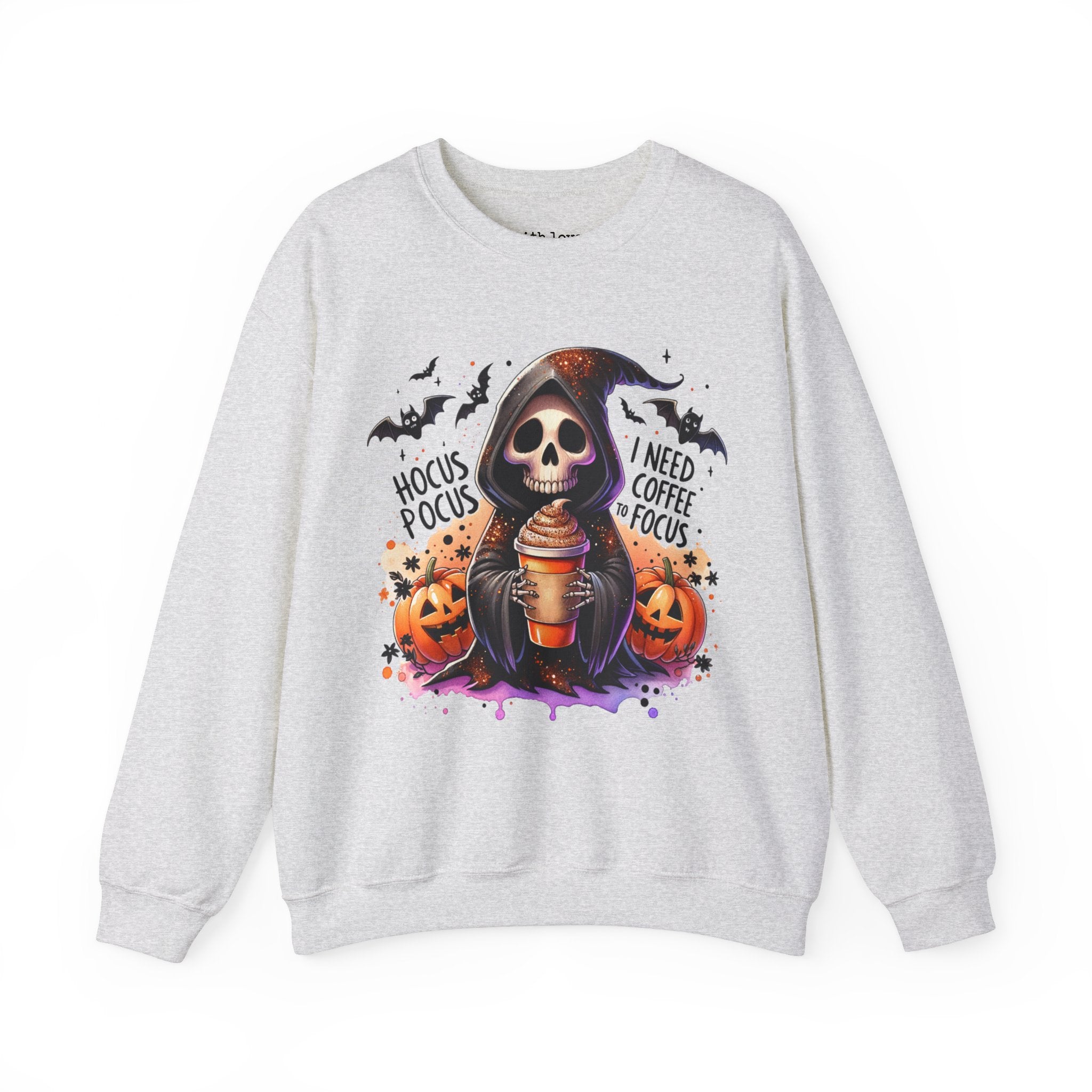 Hocus Pocus I Need Coffee to Focus Grim Reaper Halloween Unisex Heavy Blend Crewneck Sweatshirt