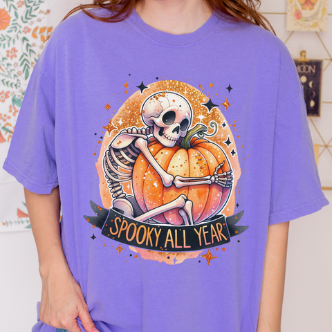 Spooky All Year Skeleton Pumpkin Halloween Fall Comfort Colors Unisex Garment-Dyed T-shirt