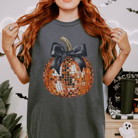 Disco Pumpkin Bow Halloween Fall Comfort Colors Unisex Garment-Dyed T-shirt