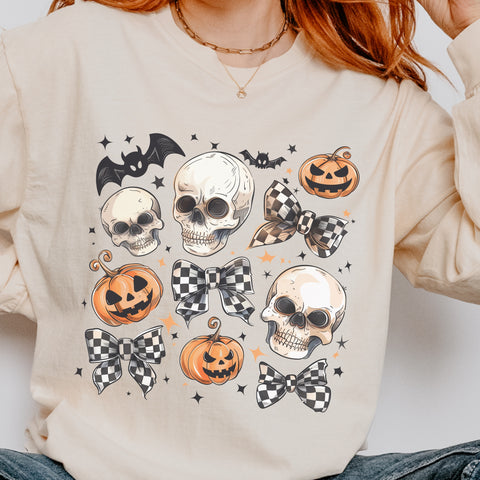 Halloween Checkered Bows Comfort Colors Unisex Garment-dyed Long Sleeve T-Shirt