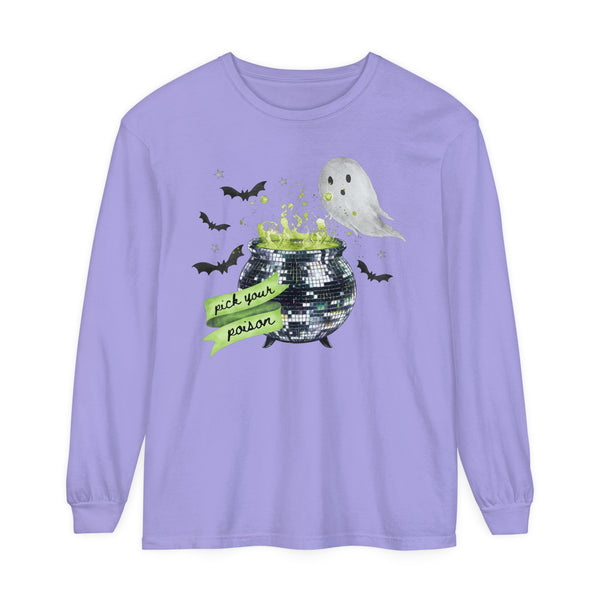 Pick Your Poison Disco Cauldron Halloween Comfort Colors Unisex Garment-dyed Long Sleeve T-Shirt