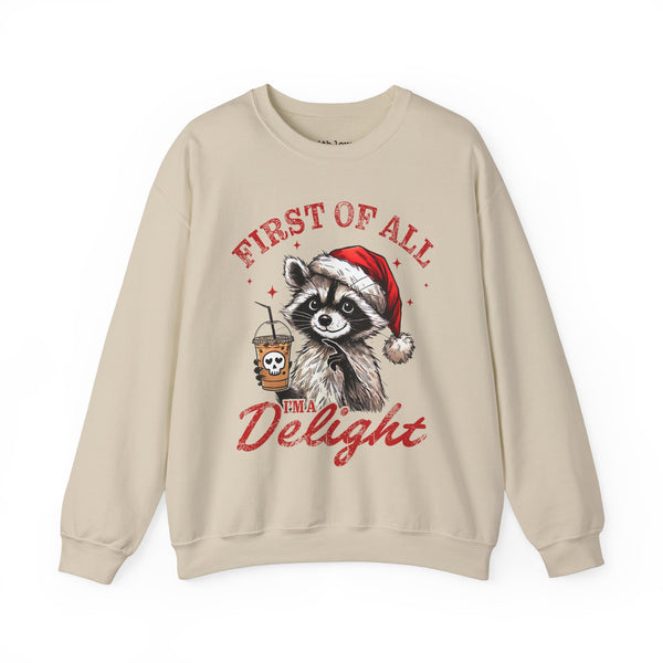 First of All, I’m a Delight Raccoon Coffee Christmas Unisex Heavy Blend Crewneck Sweatshirt