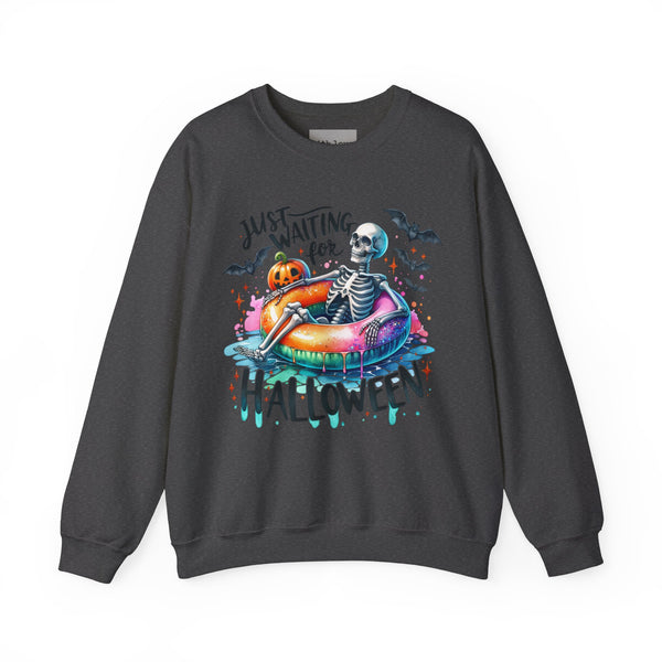 Just Waiting for Halloween Skeleton Summer Fall Unisex Heavy Blend Crewneck Sweatshirt