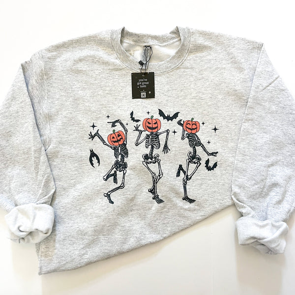 Dancing Skeleton Pumpkin Heads Halloween Crewneck Sweatshirt