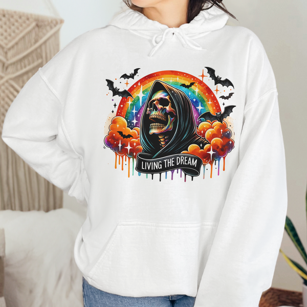 Living the Dream Skeleton Grim Reaper Sarcastic Mental Health Unisex Heavy Blend Hooded Sweatshirt