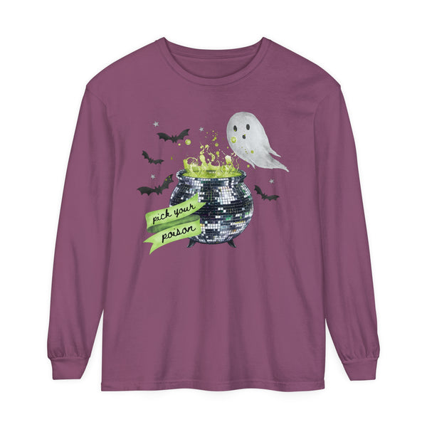 Pick Your Poison Disco Cauldron Halloween Comfort Colors Unisex Garment-dyed Long Sleeve T-Shirt