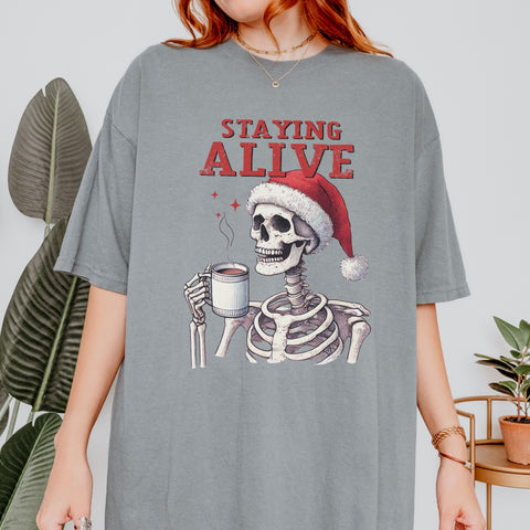 Staying Alive Skeleton Coffee Christmas Comfort Colors Unisex Garment-Dyed T-shirt