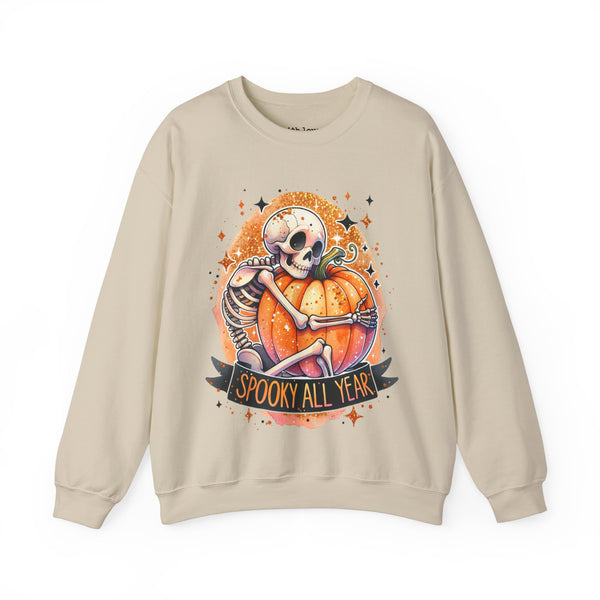 Spooky All Year Skeleton Pumpkin Fall Halloween Unisex Heavy Blend Crewneck Sweatshirt