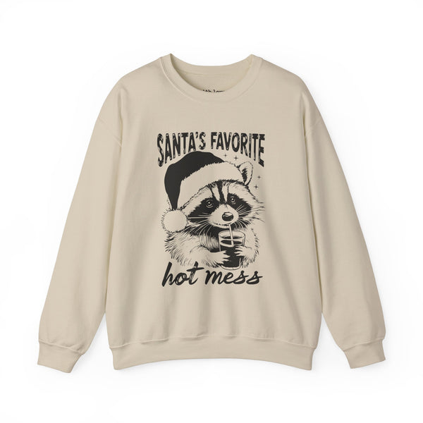 Santa’s Favorite Hot Mess Raccoon Christmas Unisex Heavy Blend Crewneck Sweatshirt