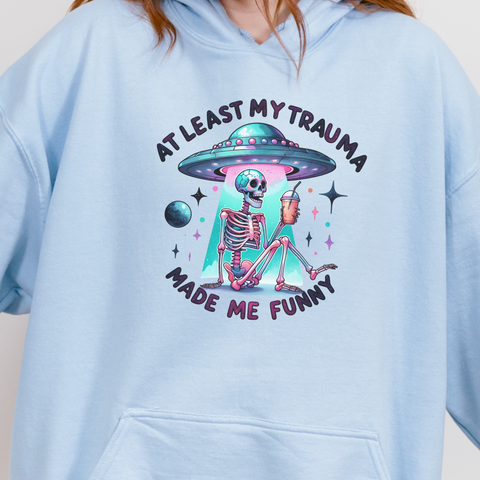 At Least My Trauma Made Me Funny UFO Skeleton Mental Health Unisex Heavy Blend Hooded Sweatshirt