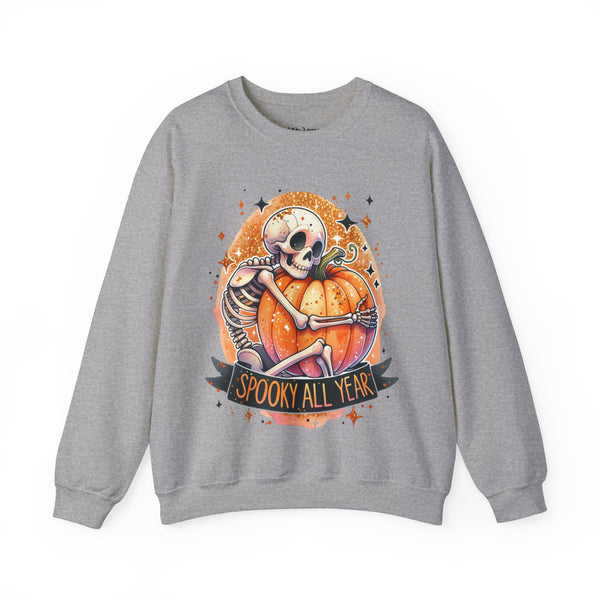 Spooky All Year Skeleton Pumpkin Fall Halloween Unisex Heavy Blend Crewneck Sweatshirt